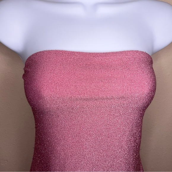 Medium Divided Pink Shimmer Fitted Bodycon Dress Strapless Stretch Event Party - Picture 6 of 13